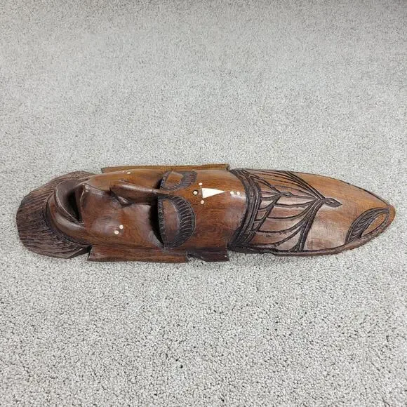 Vintage African Tribal Mask 19" Wood Hand Carved Face Natural Inlaid Art Decor